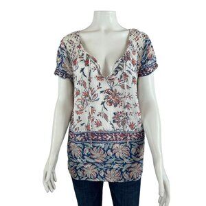 Lucky Brand Womens Shirt Small Short Sleeve Boho Floral White